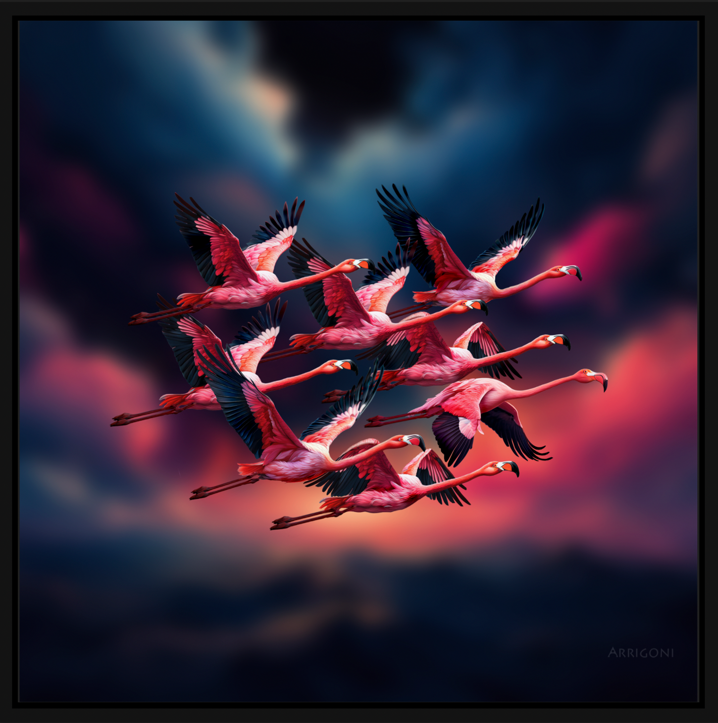 FLAMINGOS IN FLIGHT (CANVAS FRAMED)