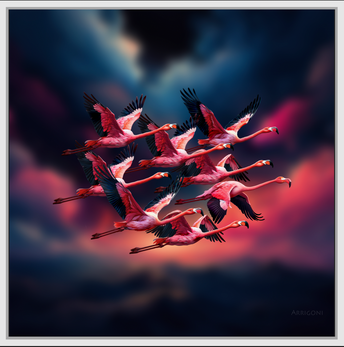 FLAMINGOS IN FLIGHT (CANVAS FRAMED)