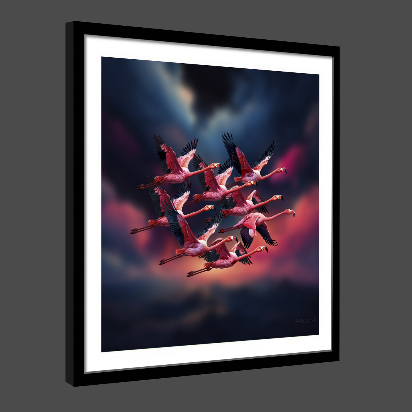 FLAMINGOS IN FLIGHT (FINE ART PAPER PRINT FRAMED)