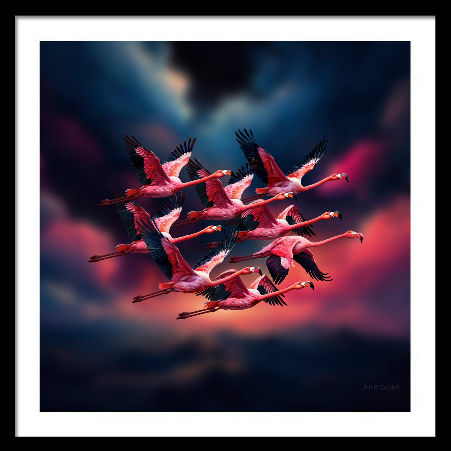 FLAMINGOS IN FLIGHT (FINE ART PAPER PRINT FRAMED)