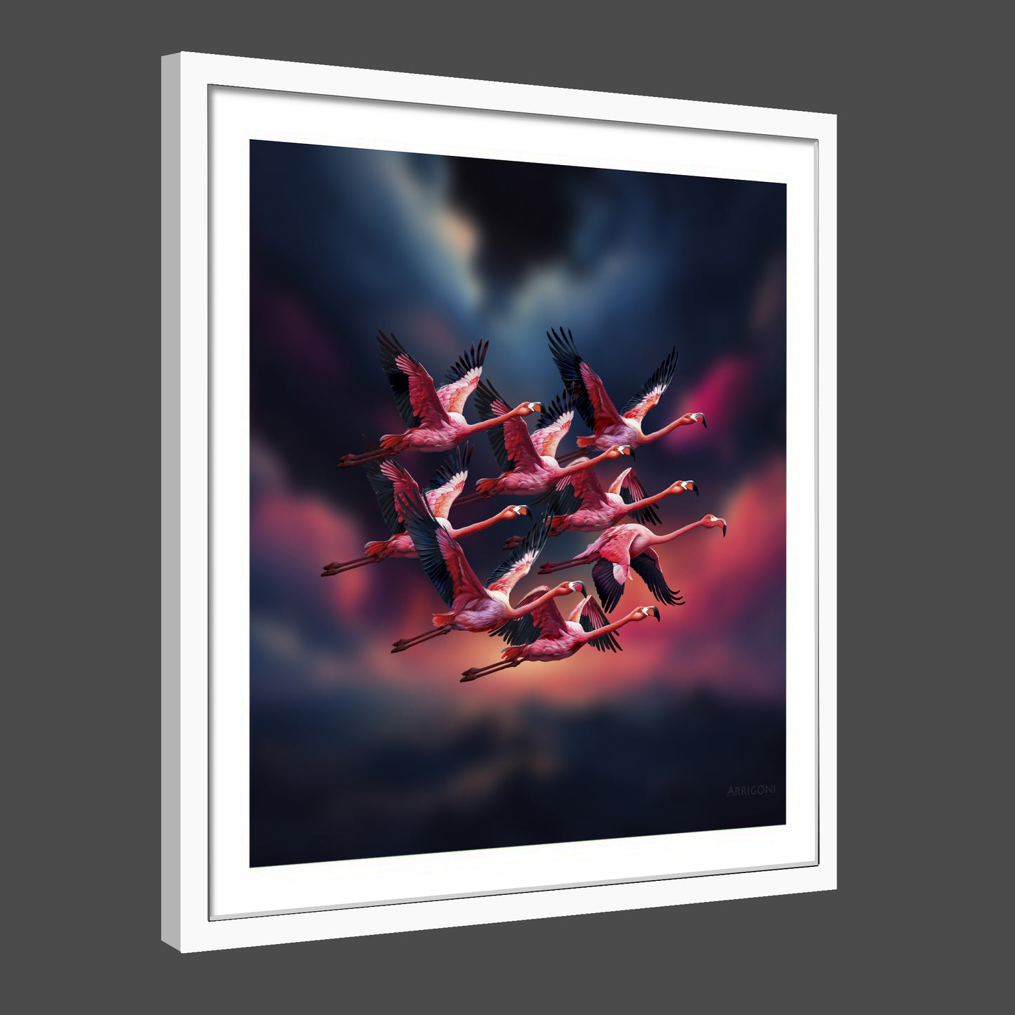FLAMINGOS IN FLIGHT (FINE ART PAPER PRINT FRAMED)