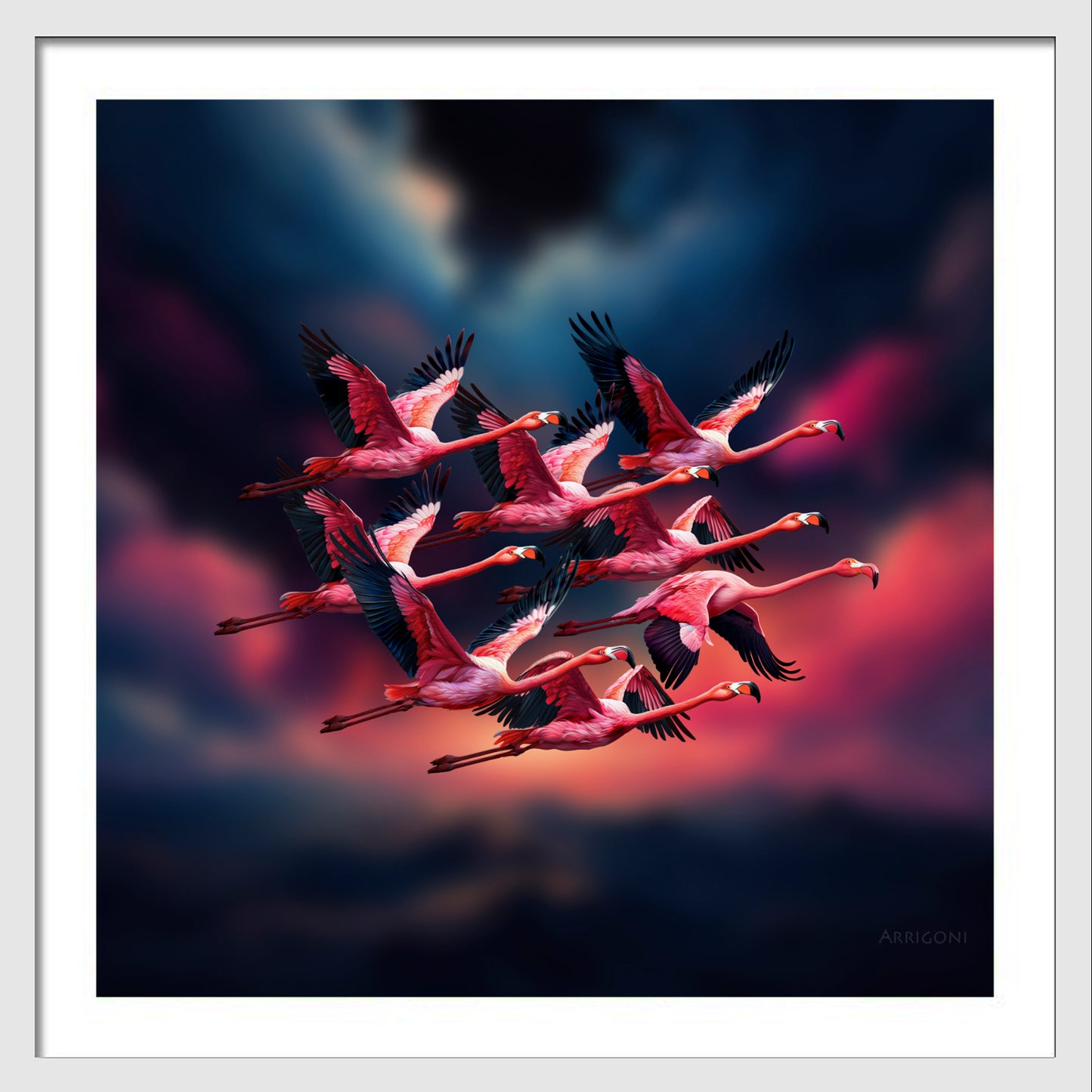 FLAMINGOS IN FLIGHT (FINE ART PAPER PRINT FRAMED)