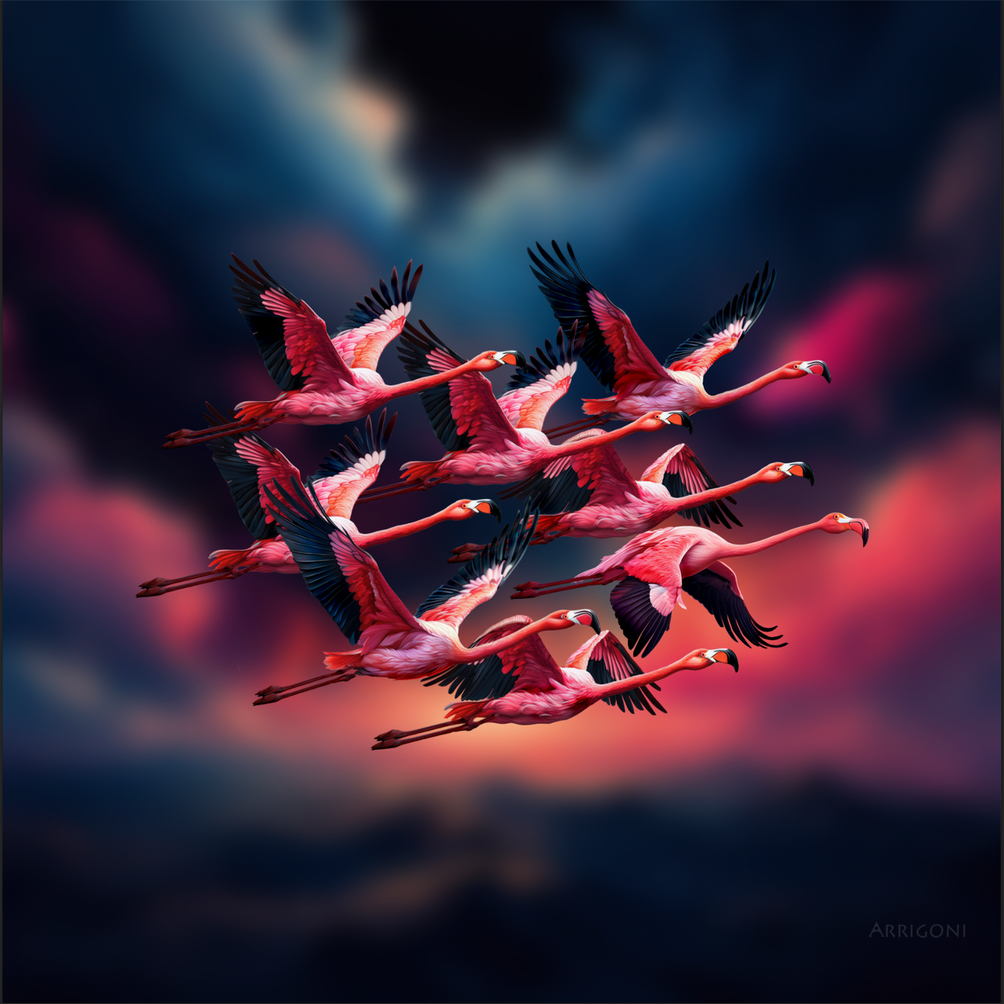 FLAMINGOS IN FLIGHT (CANVAS ONLY)