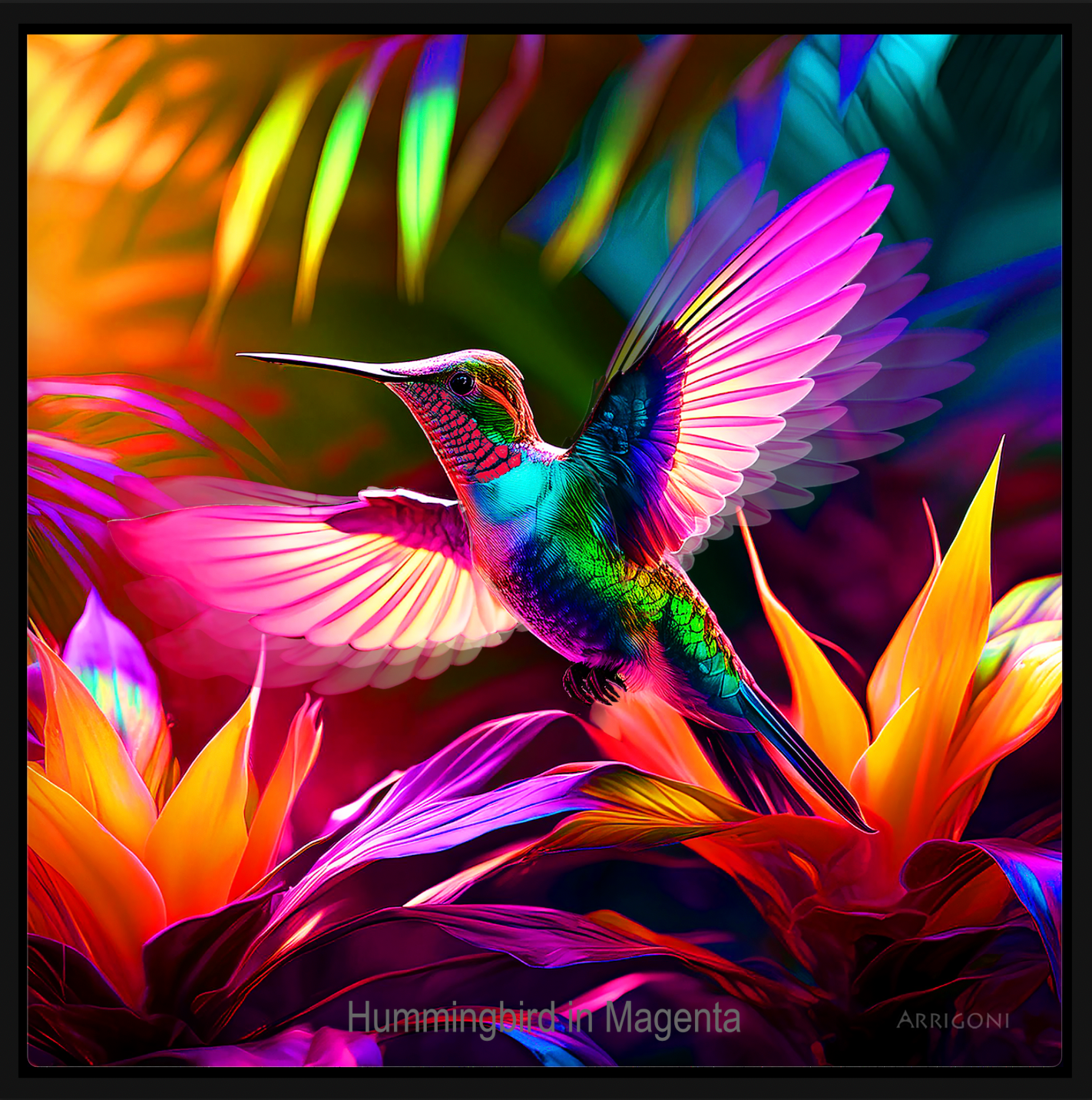HUMMINGBIRD IN MAGENTA (CANVAS FRAMED)