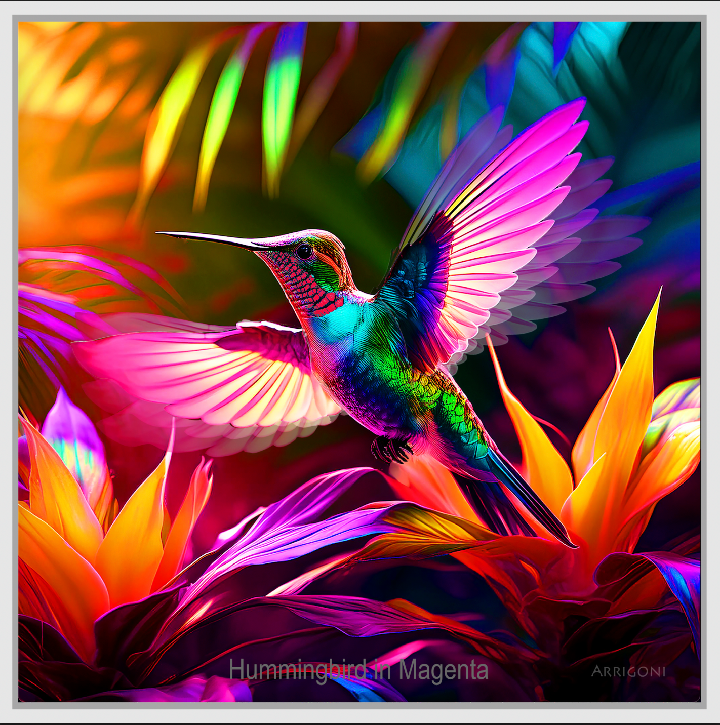 HUMMINGBIRD IN MAGENTA (CANVAS FRAMED)