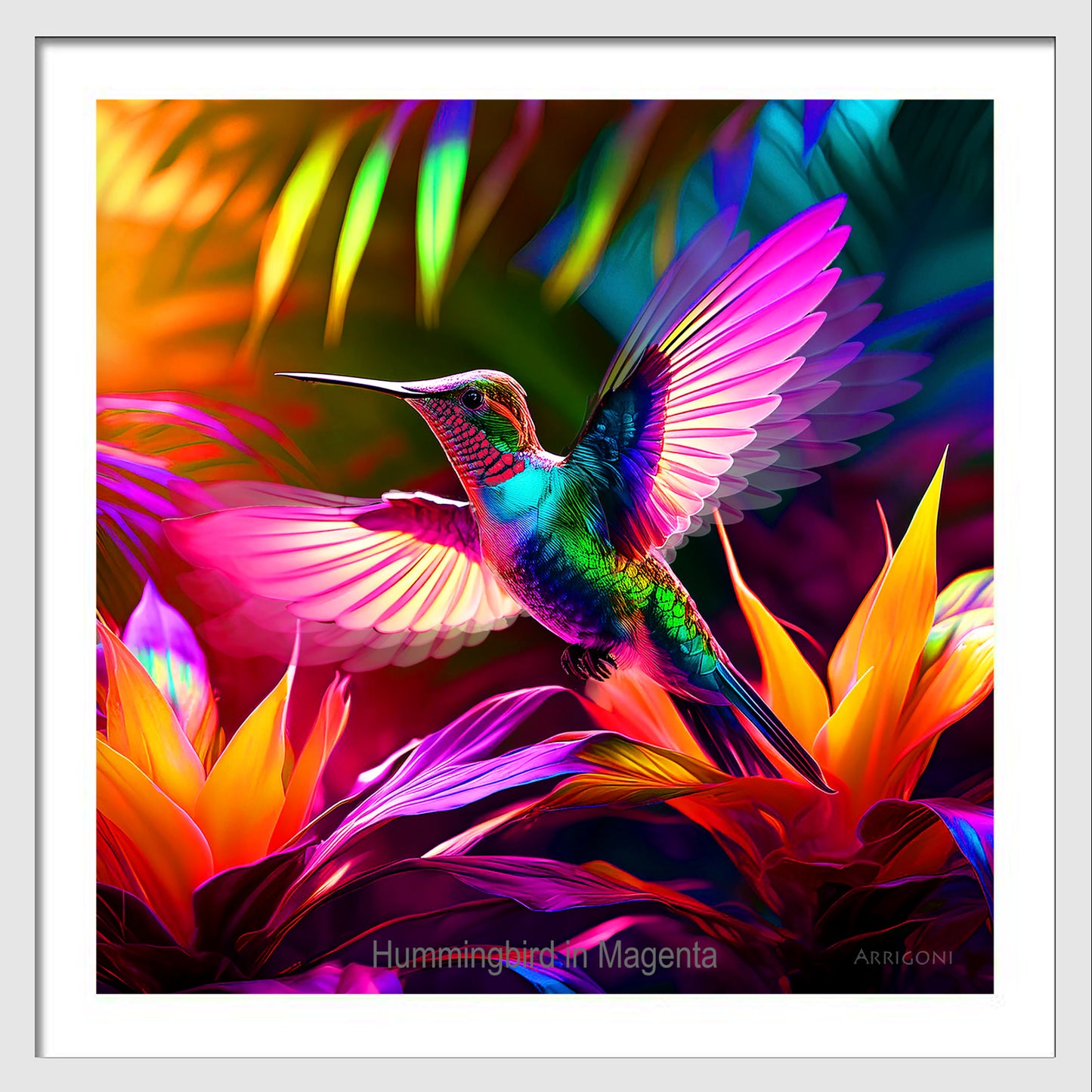 HUMMINGBIRD IN MAGENTA (FINE ART PAPER PRINT FRAMED)