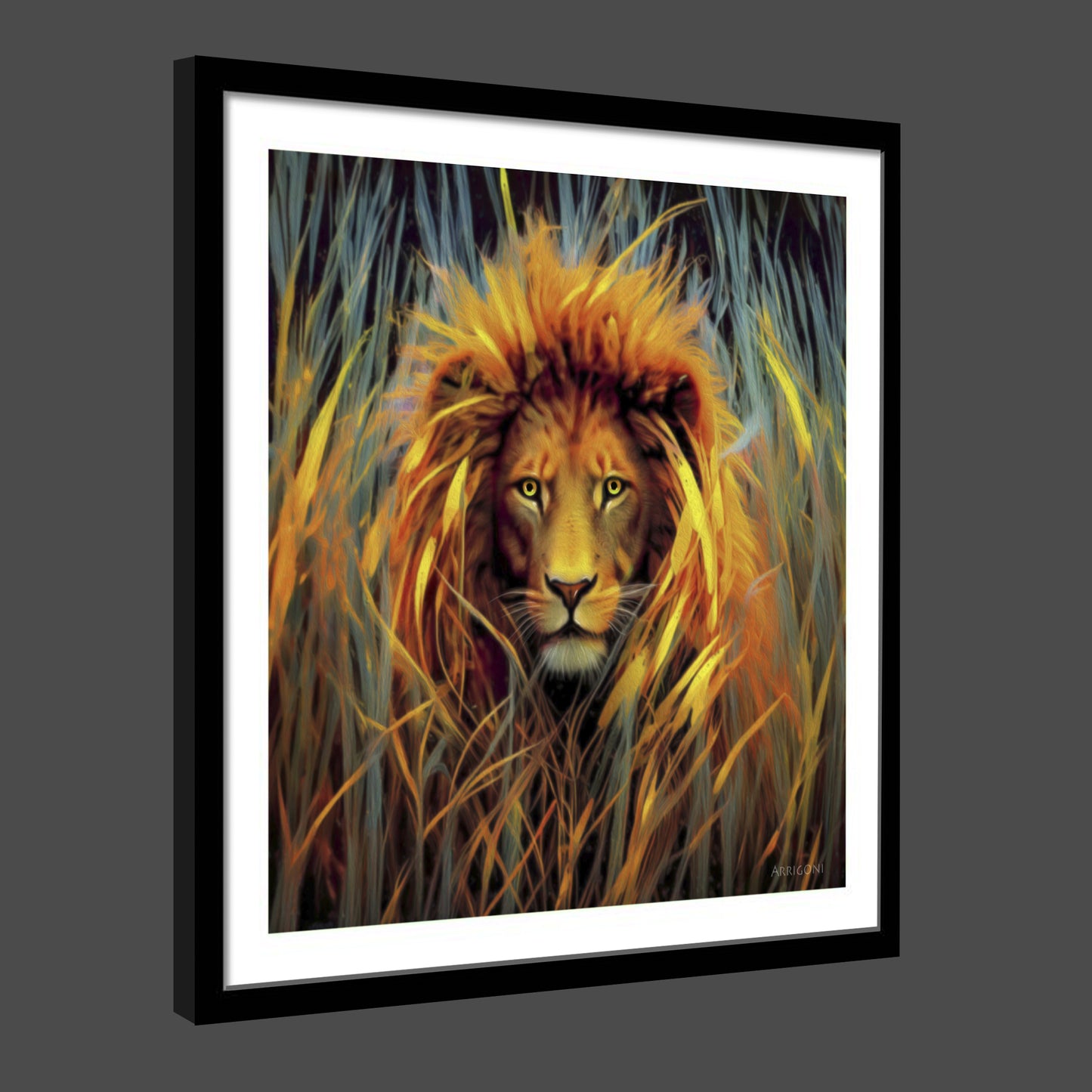 LION IN THE GRASS (FINE ART PAPER PRINT FRAMED)