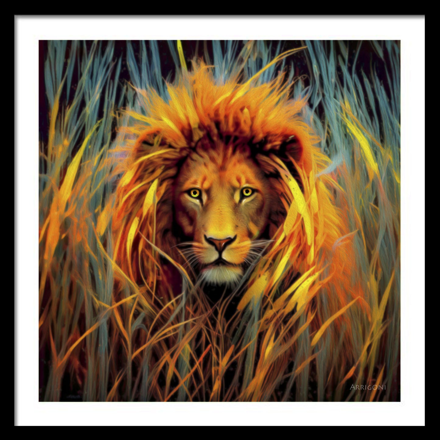 LION IN THE GRASS (FINE ART PAPER PRINT FRAMED)