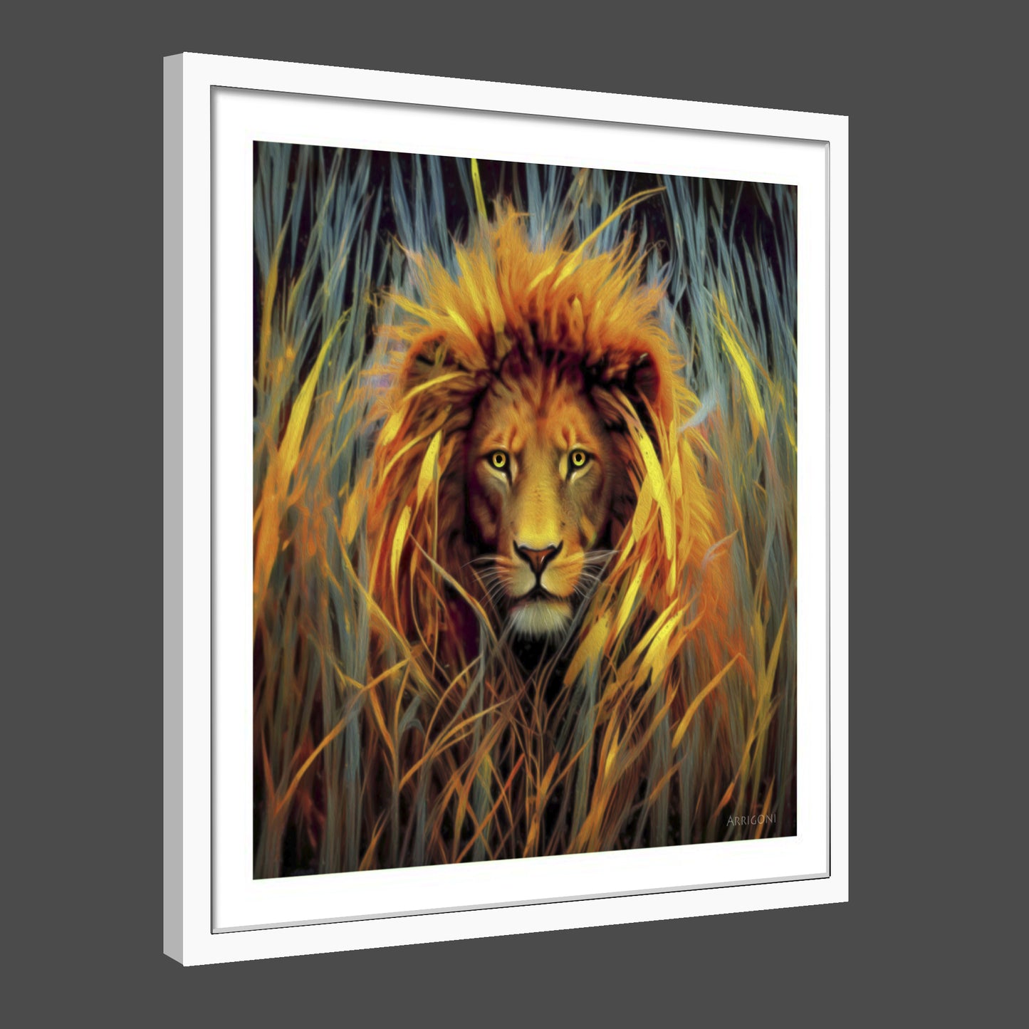 LION IN THE GRASS (FINE ART PAPER PRINT FRAMED)