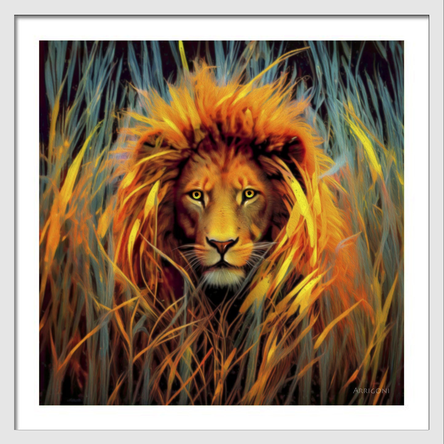 LION IN THE GRASS (FINE ART PAPER PRINT FRAMED)