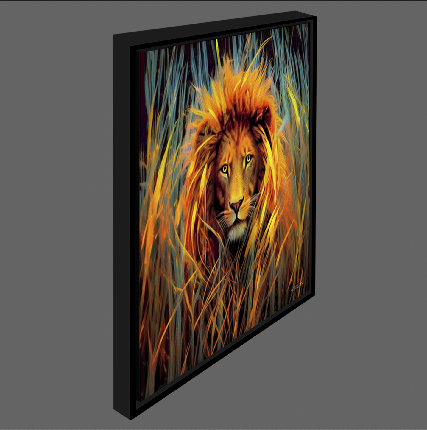 LION IN THE GRASS (CANVAS FRAMED)