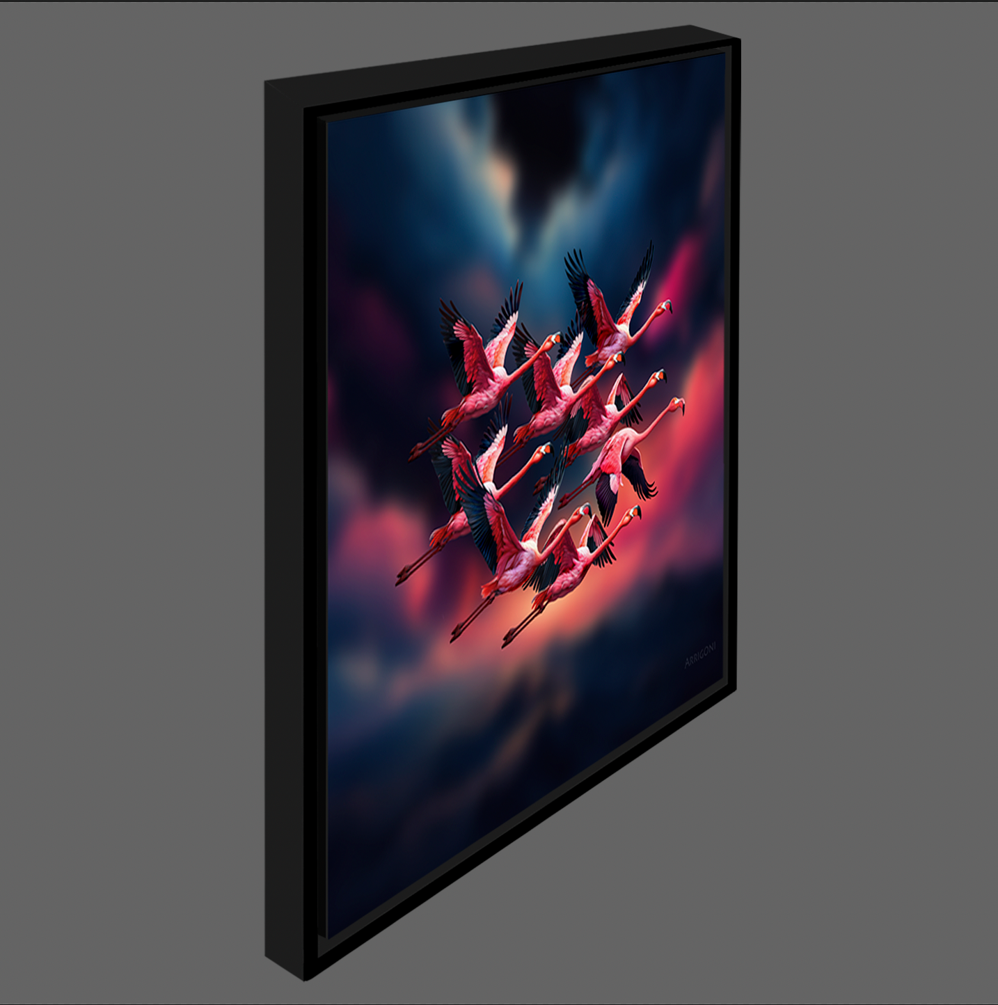 FLAMINGOS IN FLIGHT (CANVAS FRAMED)