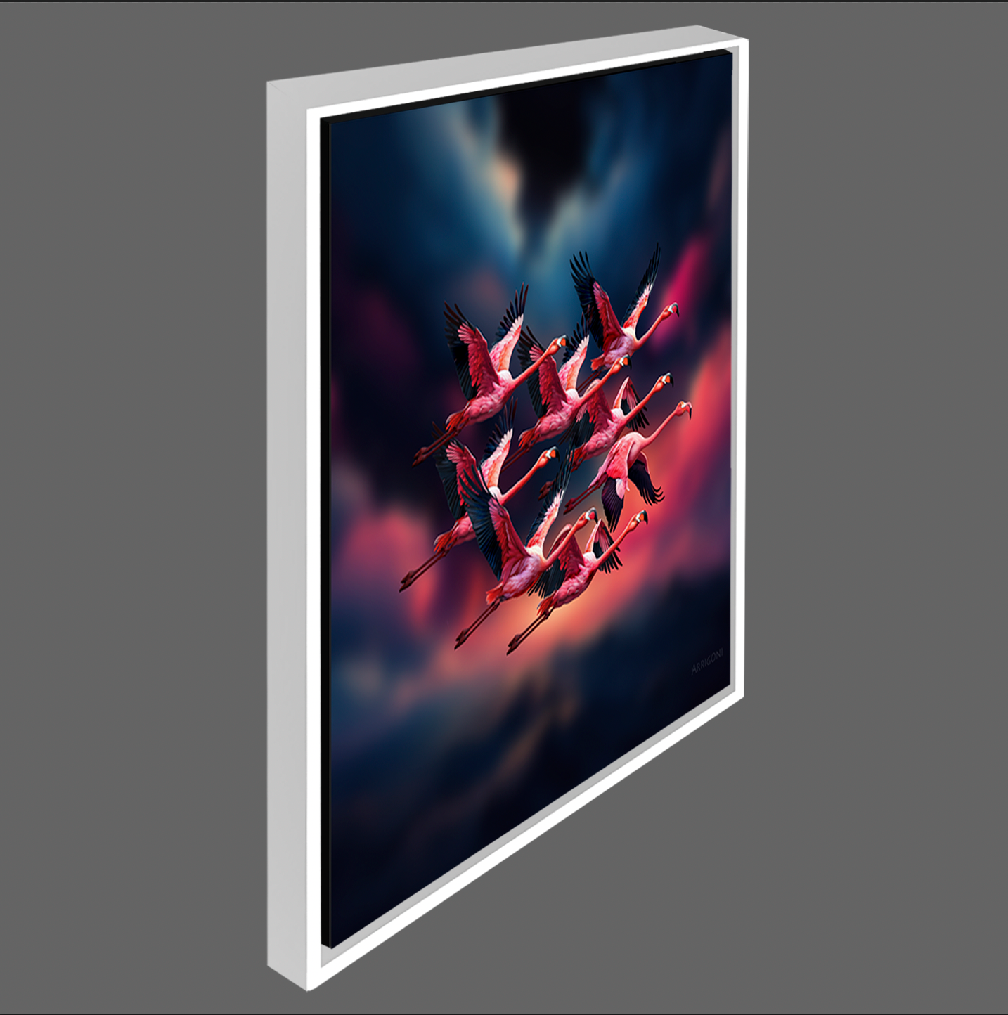 FLAMINGOS IN FLIGHT (CANVAS FRAMED)