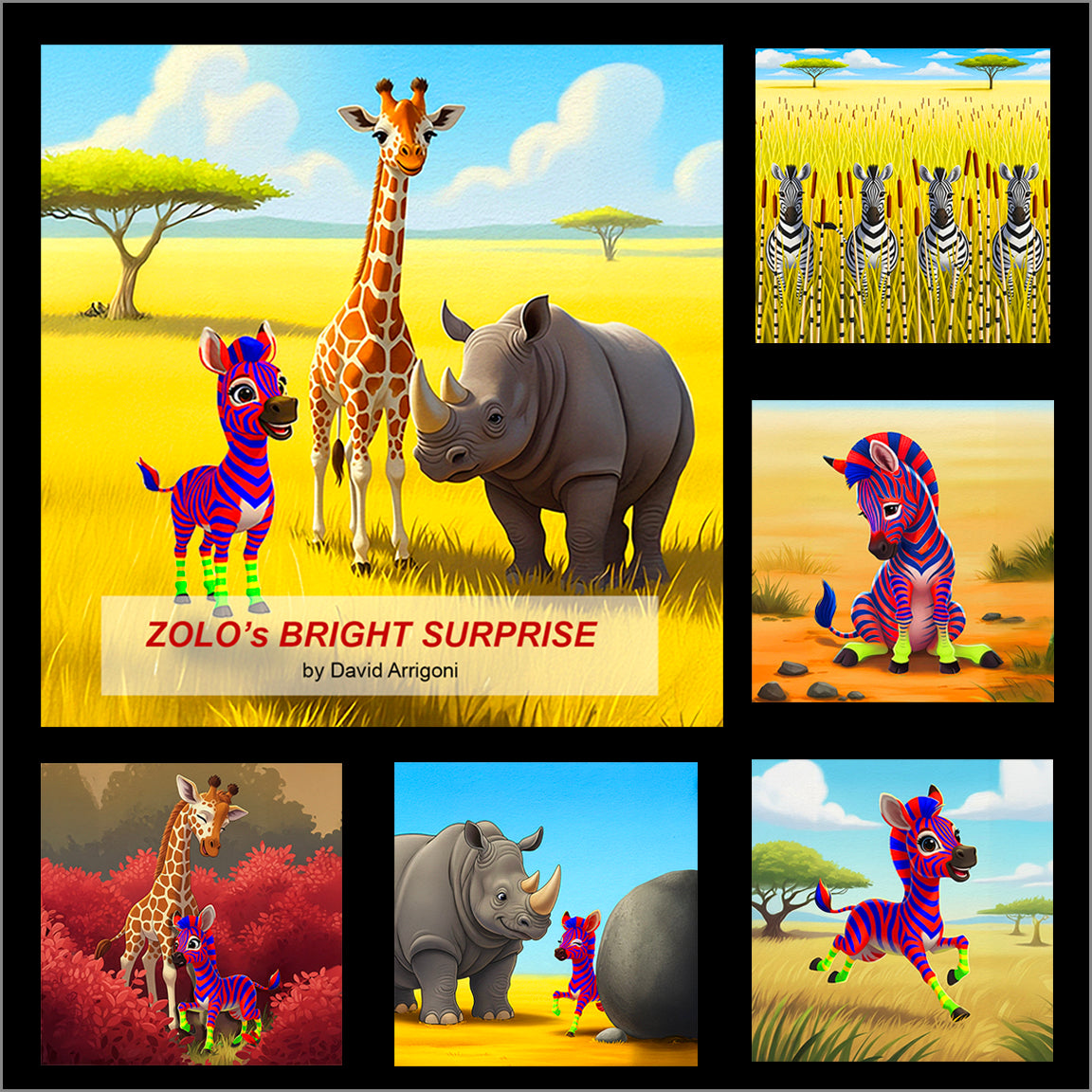 Zolo is a lively zebra with a red body, bright blue stripes, and green and yellow legs, making him stand out in the tall grass. His vivid colors make Hide-and-Seek fun but tricky—Kito the giraffe spots his blue stripes in the bushes, and Upendo the rhino notices his colorful legs behind the rock. At first, Zolo feels sad, but his friends cheer him on, saying his bright colors bring smiles. Filled with joy, Zolo runs happily, glowing bright as he shouts, “Ready-or-not, here I come!”