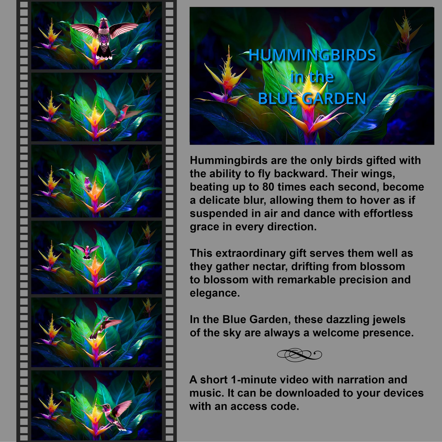 HUMMINGBIRDS in the BLUE GARDEN (video download with music and voice)