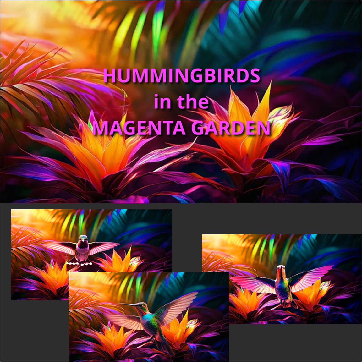 Colorful hummingbird and flower illustration with text 'Hummingbirds in the Magenta Garden' on a dark background.