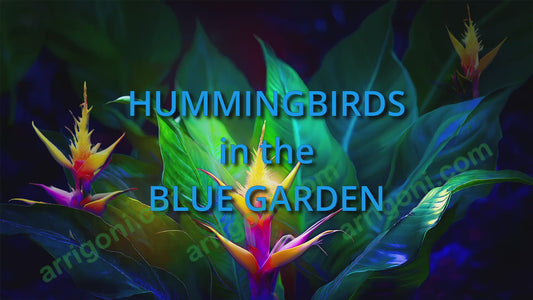 HUMMINGBIRDS in the BLUE GARDEN (video download with music and voice)